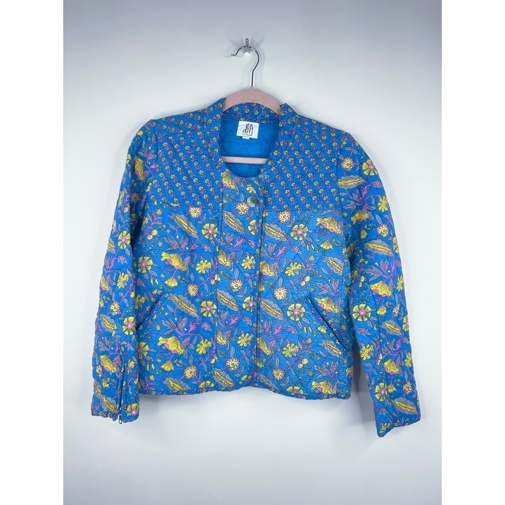 Anthropologie dRA Blue Yellow Quilted Floral Jacket Zip Front Block Print Small